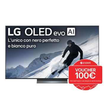 Vista frontale di una TV 65 pollici LG OLED evo AI C5 4K Smart TV 2025 OLED65C5ELB con bollo promozione